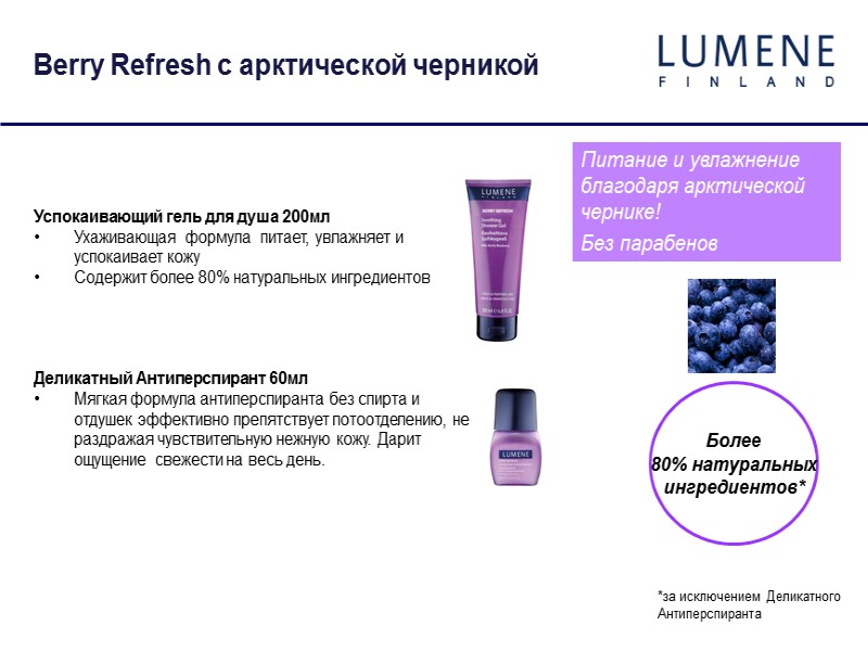 Berry Refresh с арктической черникой Питание и увлажнение благодаря арктической чернике! Без парабенов Более